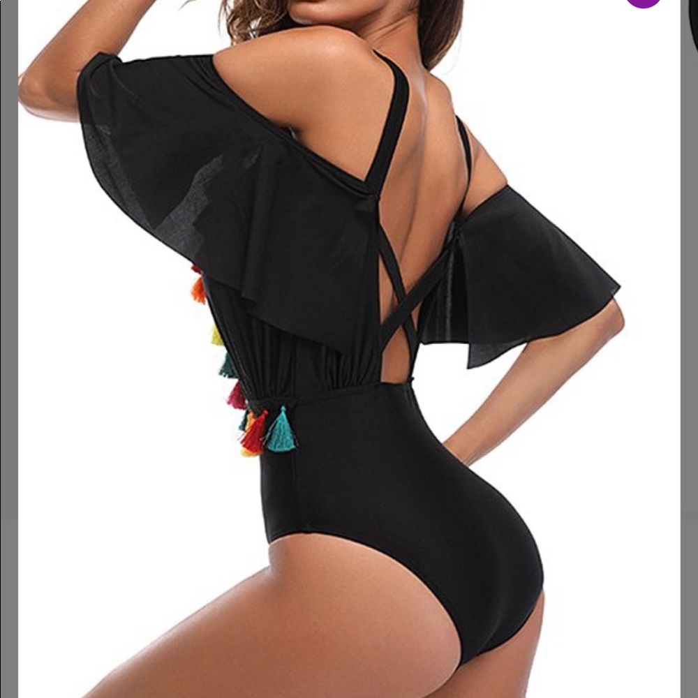 Black tassel deep v one piece bathing suit - Picture 2 of 4
